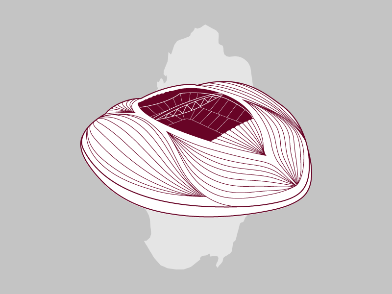 Thumbnail showing an illustration of Al Janoub Stadium in Qatar overtop a silhouette of the country.