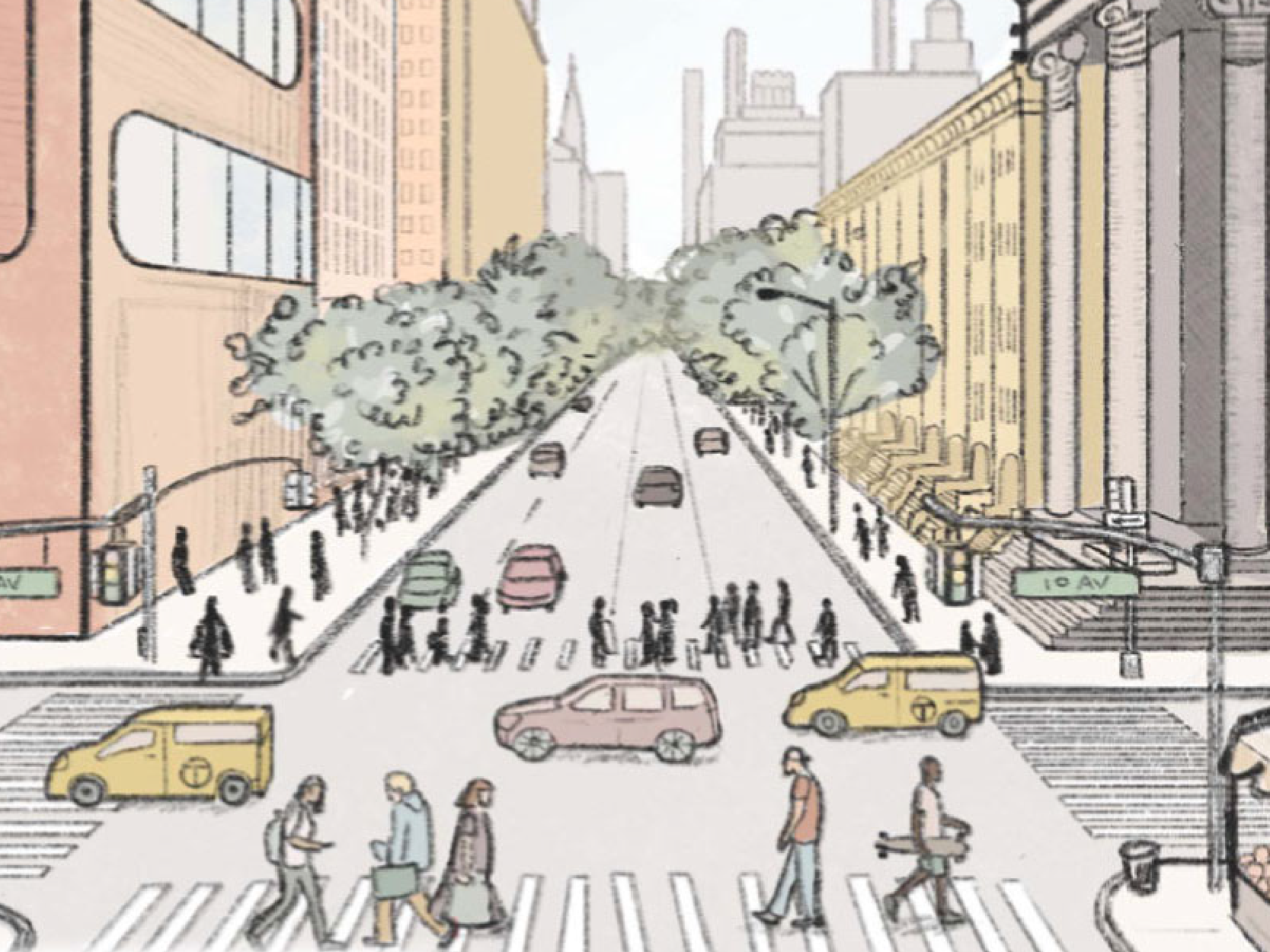 Thumbnail showing a city street with cars and people crossing the road.