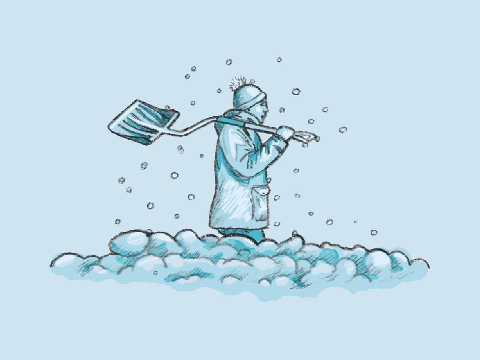 Thumbnail showing a man carrying a shovel while he walks through snow.